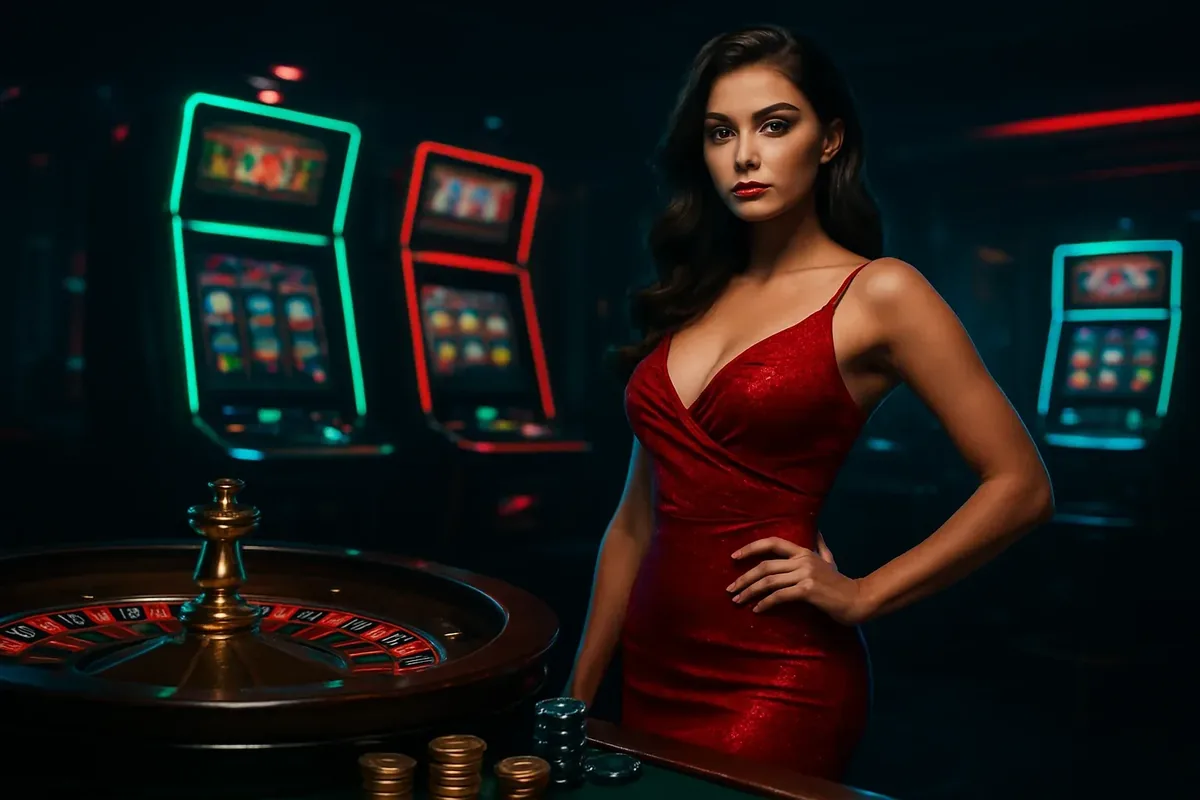 Bangladesh casino homepage banner with woman in red dress, roulette and slots