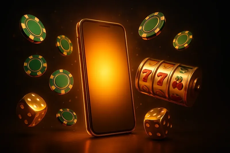 Glowing smartphone with floating casino chips, slot reels, and dice